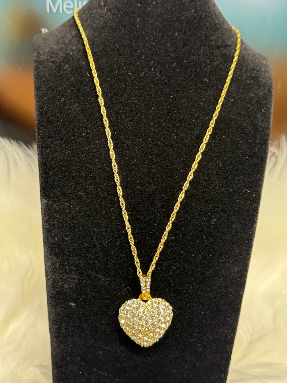 Vintage Monet Puffed Gold Heart Pendant Necklace with Crystal Pavé